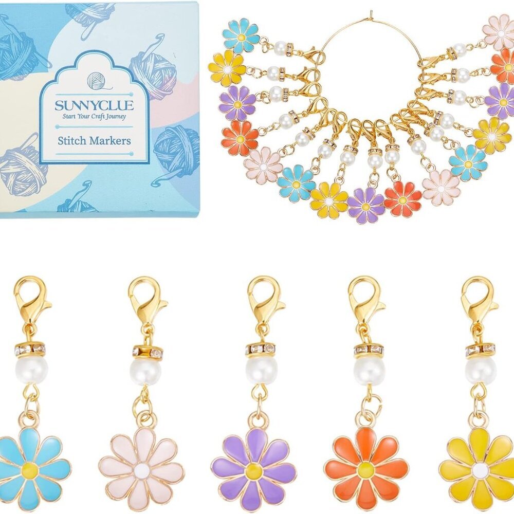1 Box 30Pcs Stitch Markers Crochet Stitch Marker Daisy Flower Charms Pearl Beads